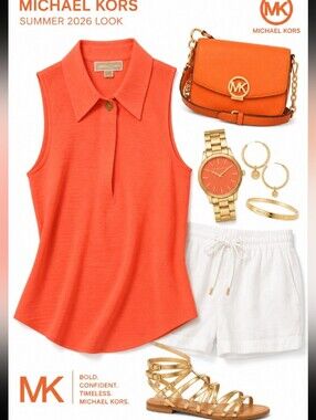 Michael Kors Sleeveless Polo Tank Top Gold Button Detail Silky Collared Small